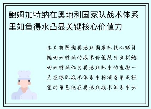 鲍姆加特纳在奥地利国家队战术体系里如鱼得水凸显关键核心价值力 鲍姆加特纳在奥地利国家队战术体系里如鱼得水凸显关键核心价值力
